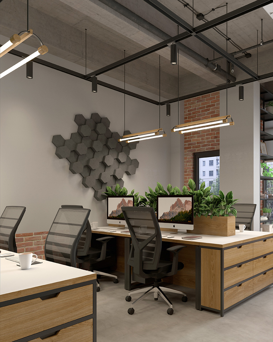 Ein Büro mit optimierter Akustik an der Wand. Die Schallabsorber reduzieren die Geräuschkulisse und sorgen für eine angenehme Arbeitsatmosphäre.