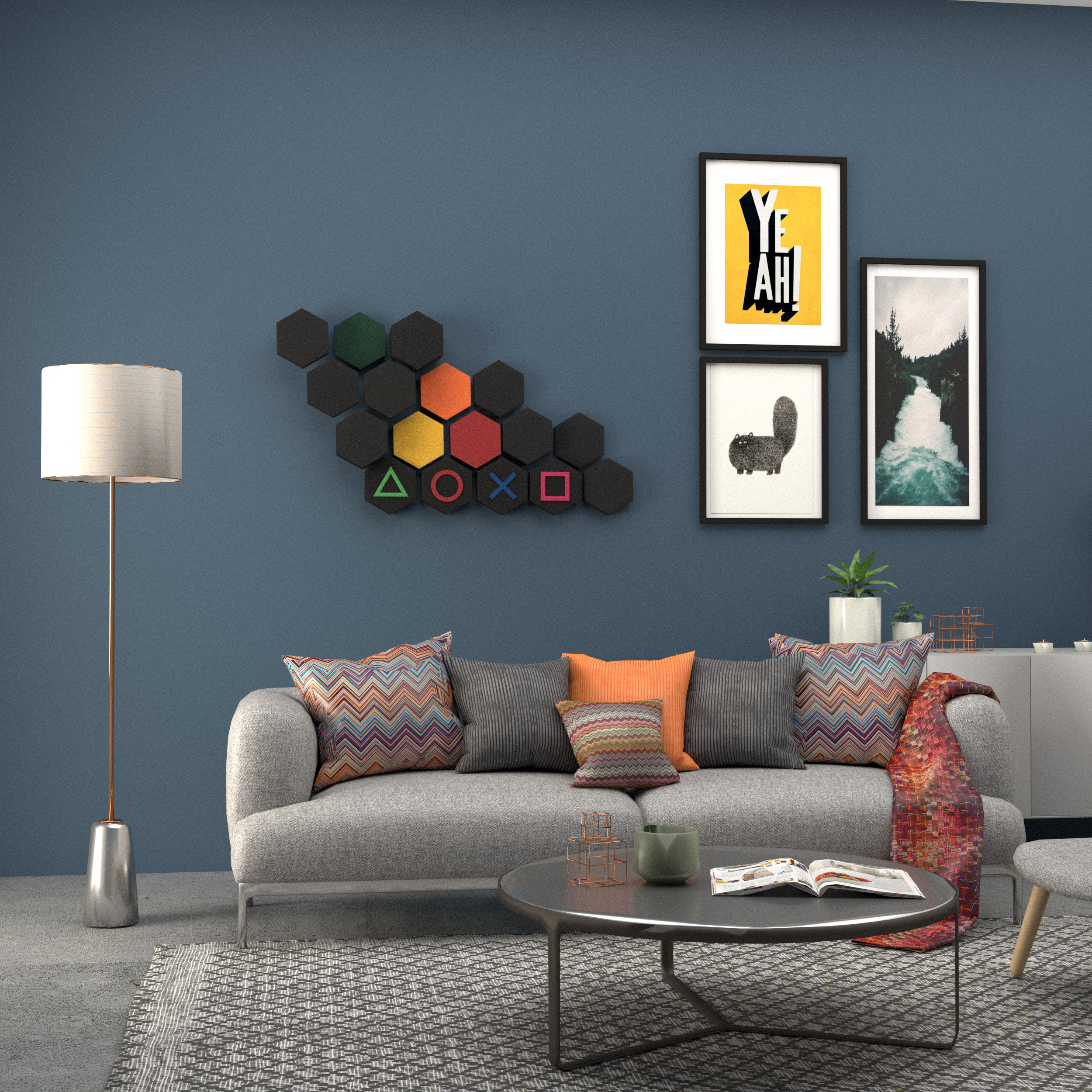 Ein Wohnzimmer mit Eco-Schaumstoffdämmelementen an den Wänden zur Schalldämmung und Verbesserung der Raumakustik.